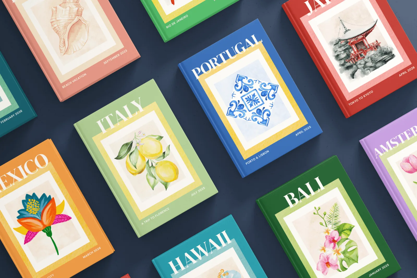 Memorie Press photobooks arranged in a grid on a deep navy surface, showing the Italy, Portugal, Japan, Mexico, Bali, Hawaii and Amsterdam editions