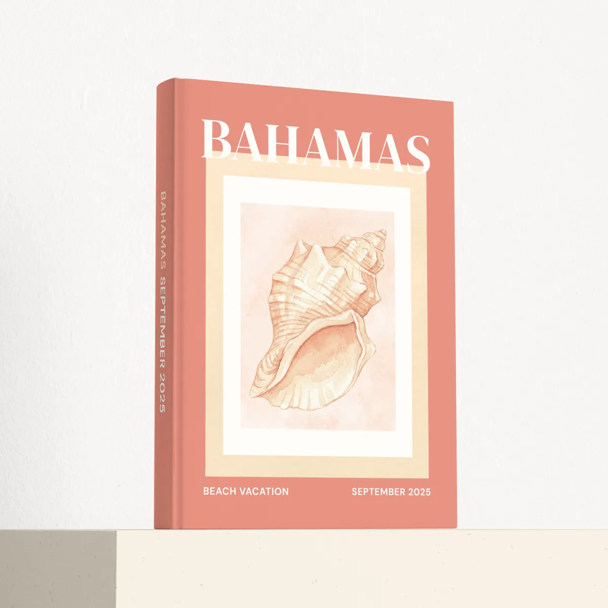 Bahamas travel photobook standing at an angle, showing the printed spine and matte hardcover