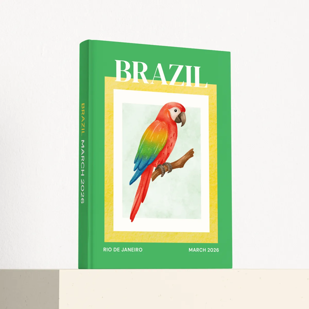 Brazil travel photobook standing at an angle, showing the printed spine and matte hardcover