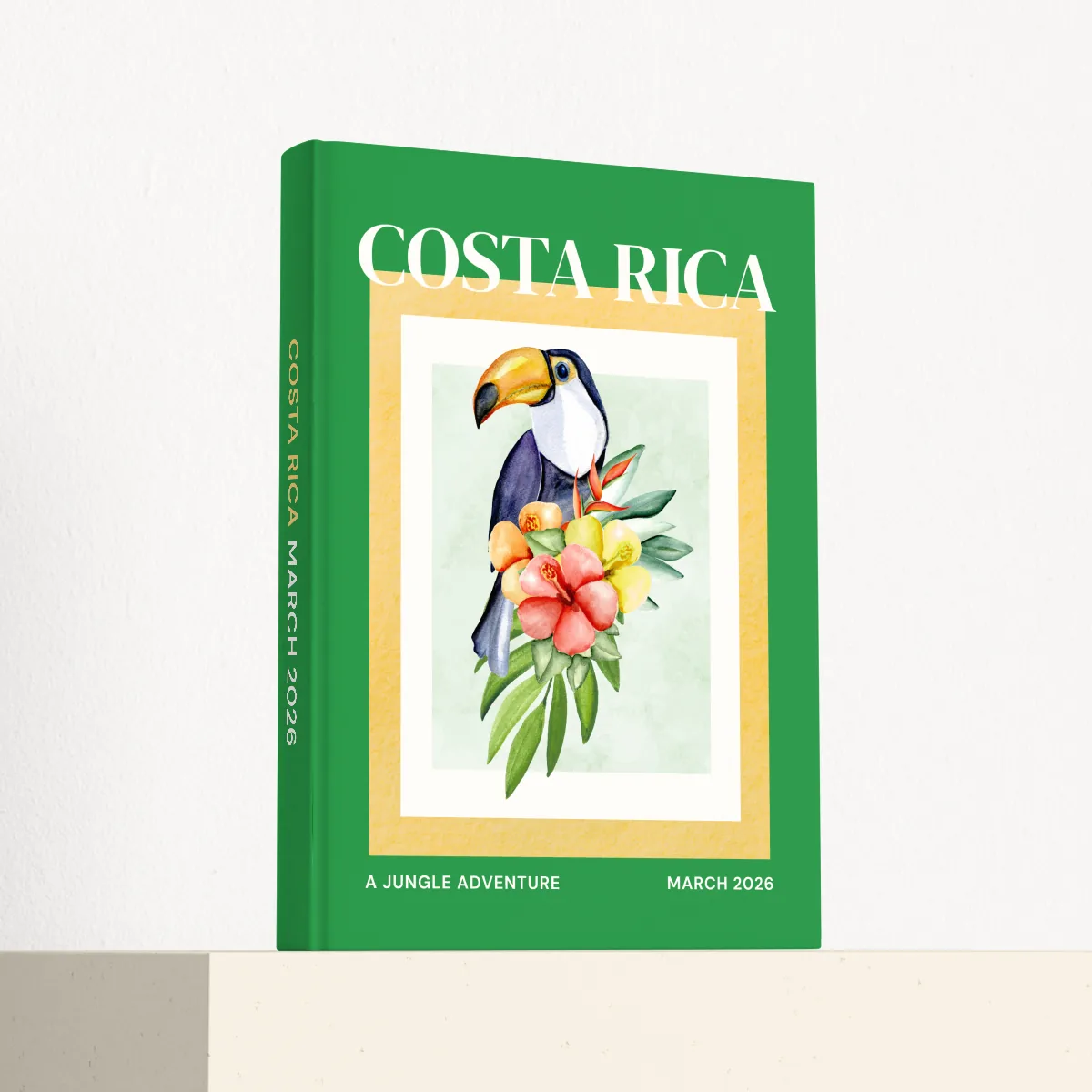 Costa Rica travel photobook standing at an angle, showing the printed spine and matte hardcover