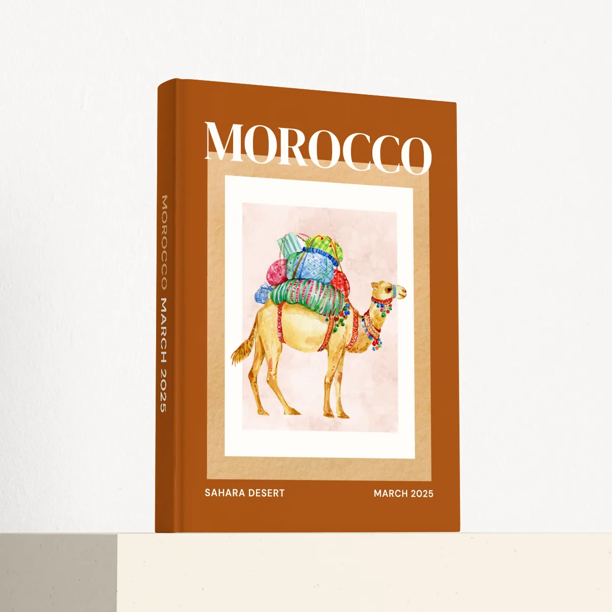 Morocco travel photobook standing at an angle, showing the printed spine and matte hardcover