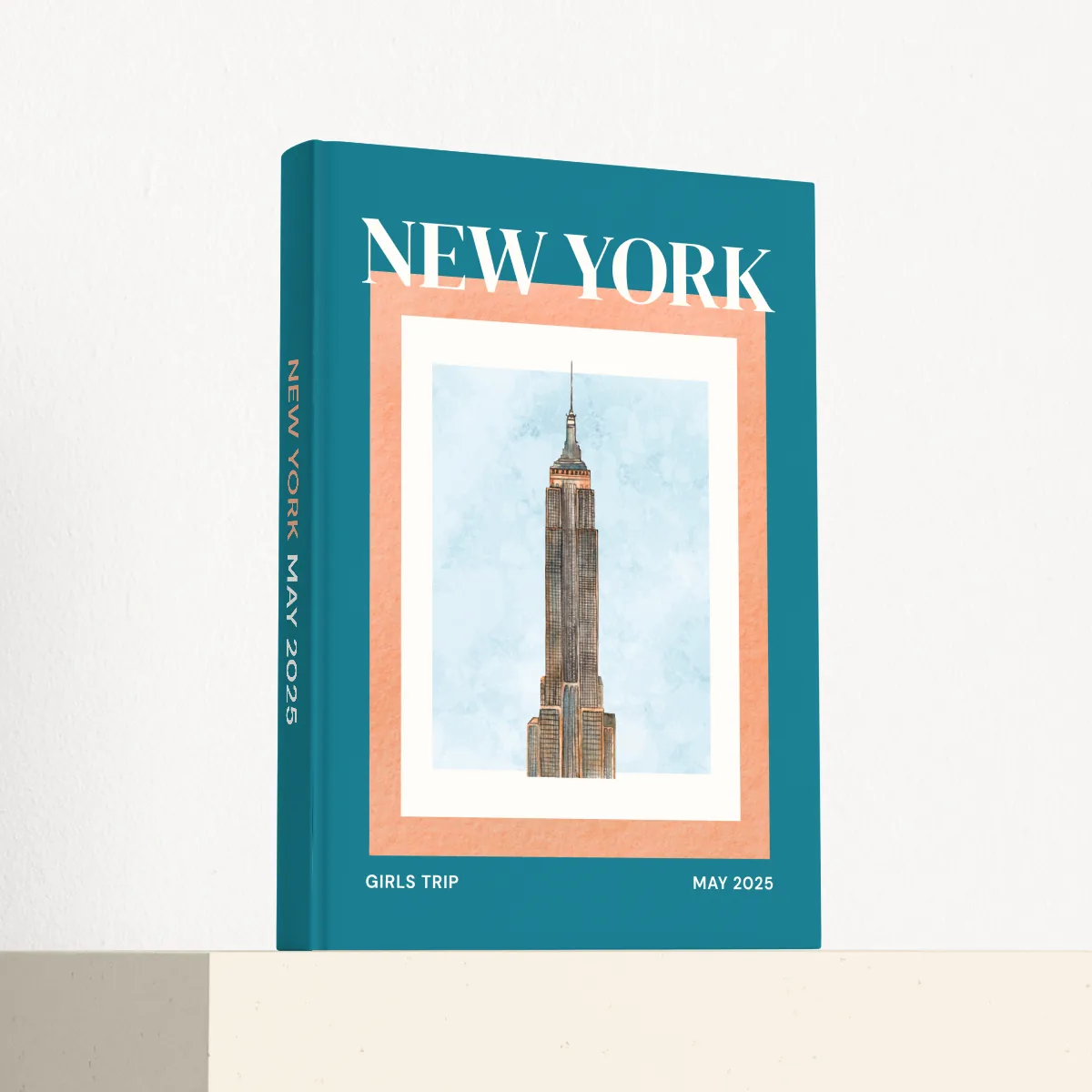 New York travel photobook standing at an angle, showing the printed spine and matte hardcover