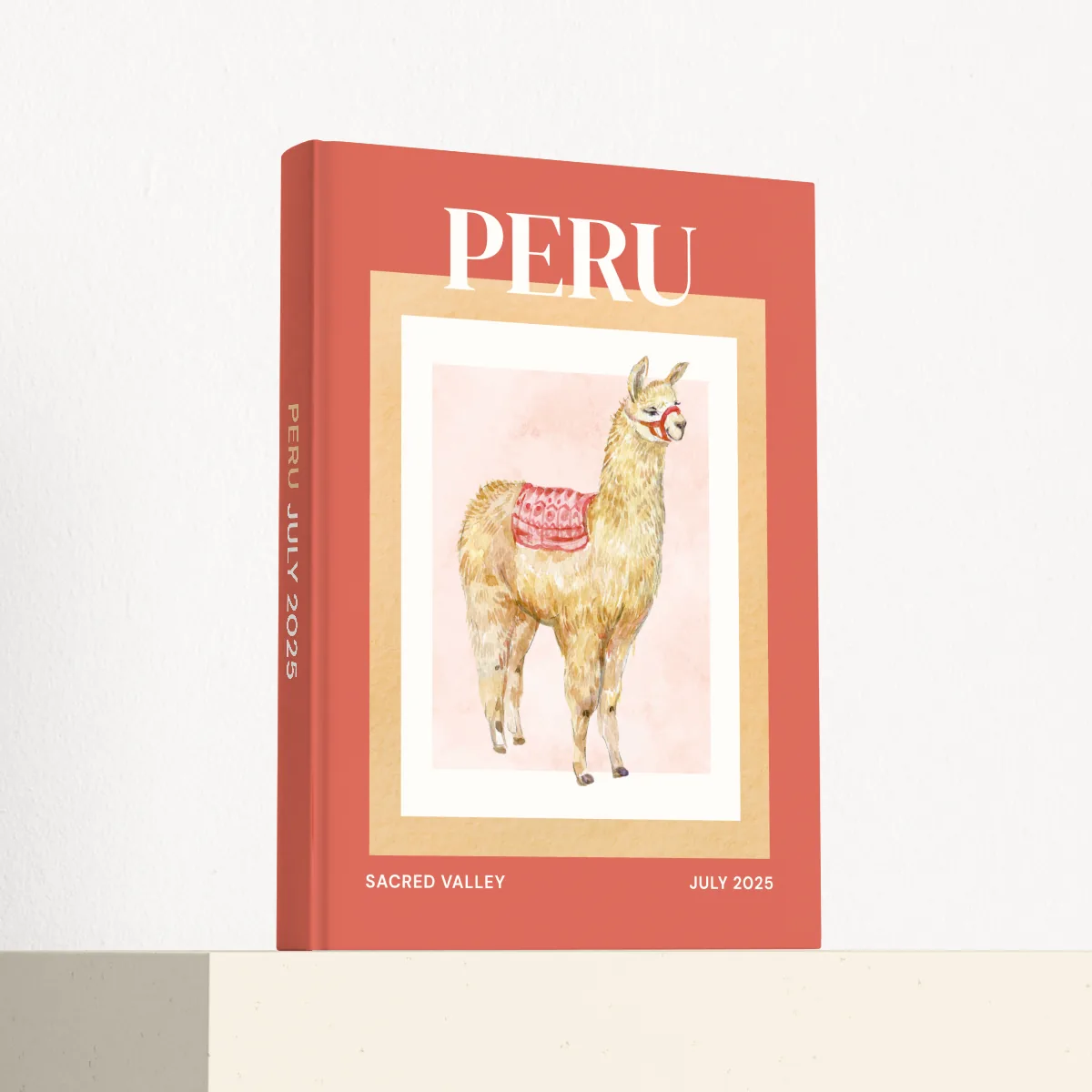 Peru travel photobook standing at an angle, showing the printed spine and matte hardcover