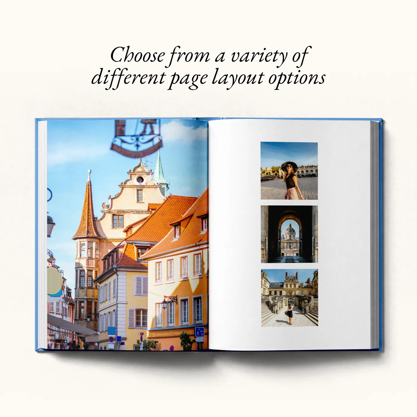 An open Memorie Press photobook showing the page layout options available for a India trip