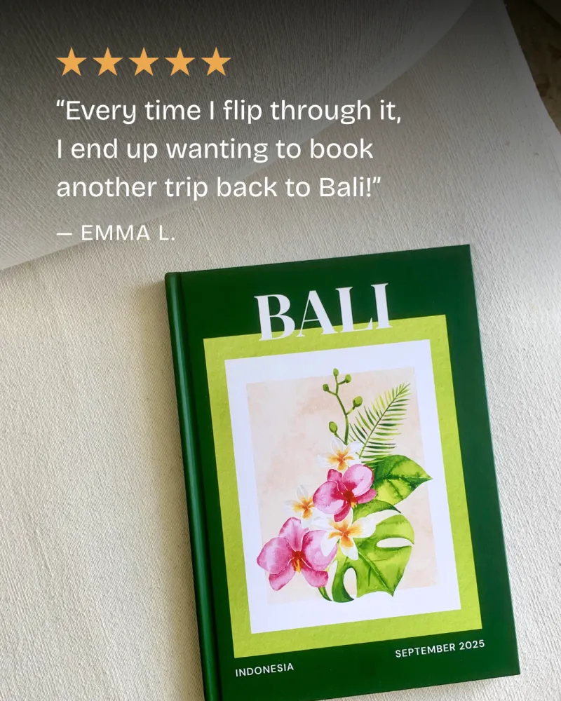 Five-star customer quote — “Every time I flip through it, I end up wanting to book another trip back to Bali!” — over a photo of the green Bali photobook