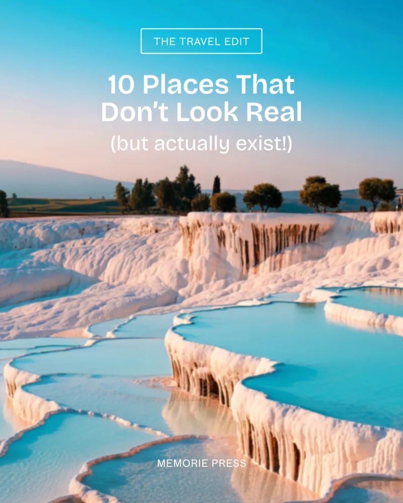 The Travel Edit post “10 Places That Don’t Look Real (but actually exist!)” over the terraced pools of Pamukkale