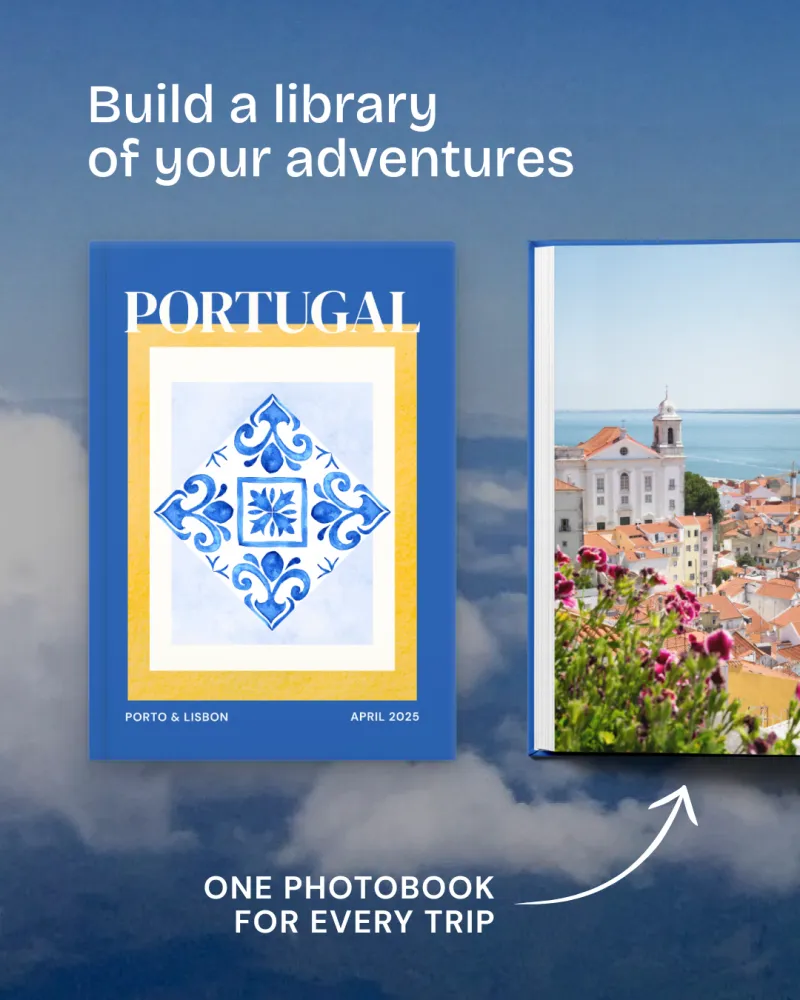 Post reading “Build a library of your adventures — one photobook for every trip”, showing the Portugal cover next to an open spread of Lisbon rooftops